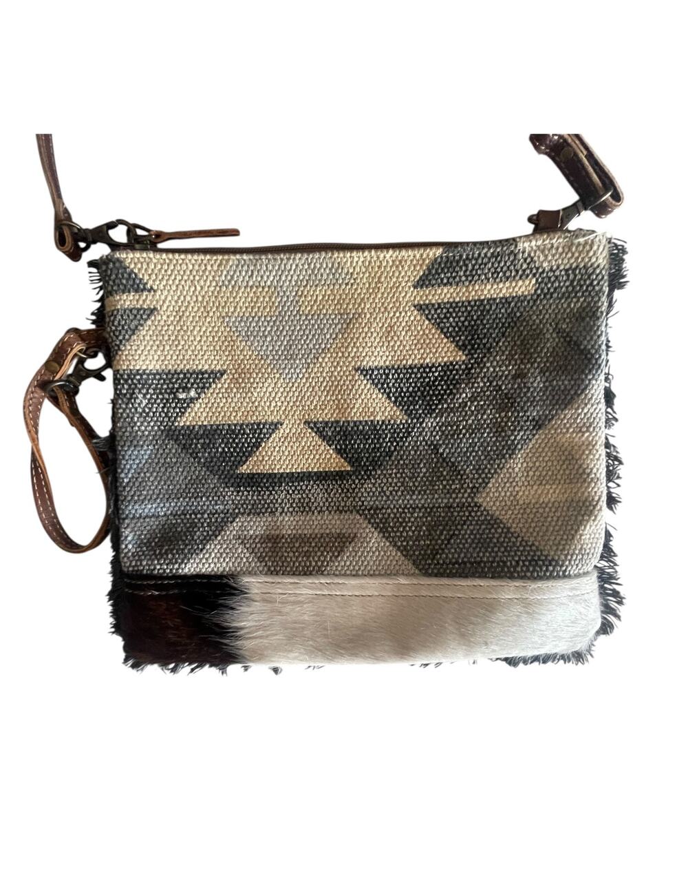 Myra Bag Rug & Cow Fur Leather Crossbody Bag Gray Cream Aztec Western Fringed